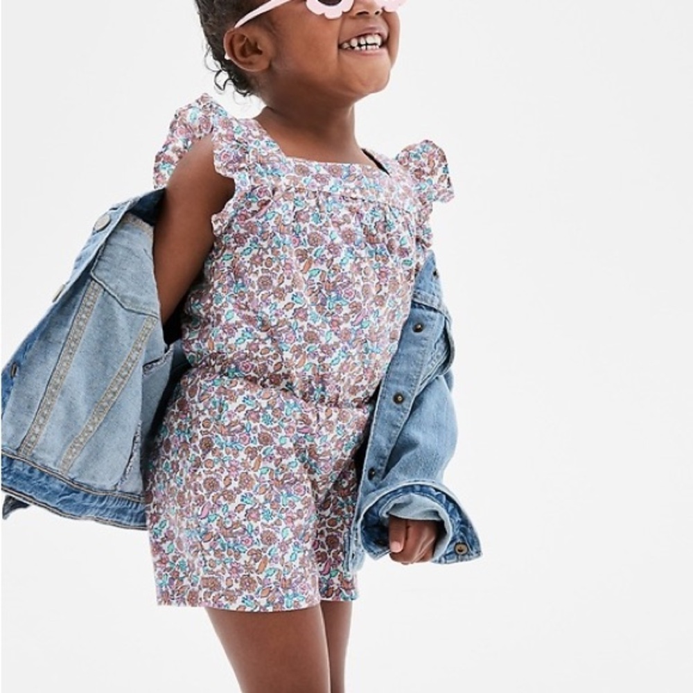babyGap Poplin Romper Floral Ruffle Sleeve Dress White ditsy floral Size 5